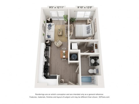 Floor plan for 1 bed, 1 bath, 610 sqft